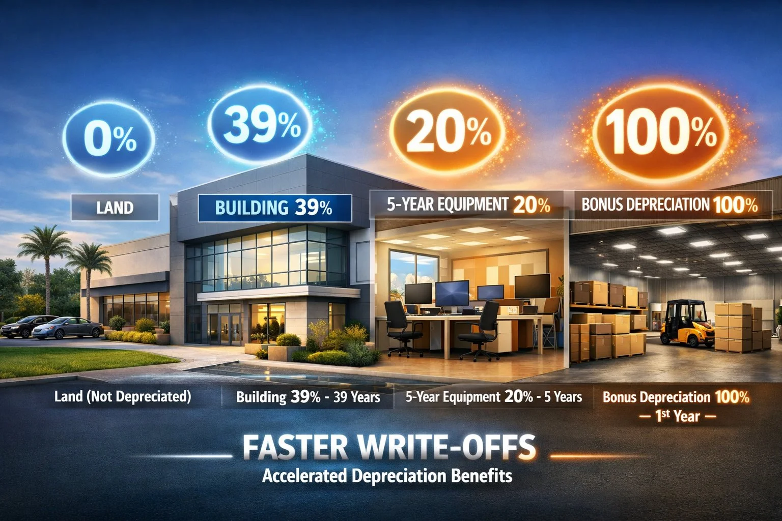 Commercial property illustration highlighting cost components, with percentage icons showing accelerated write-offs.