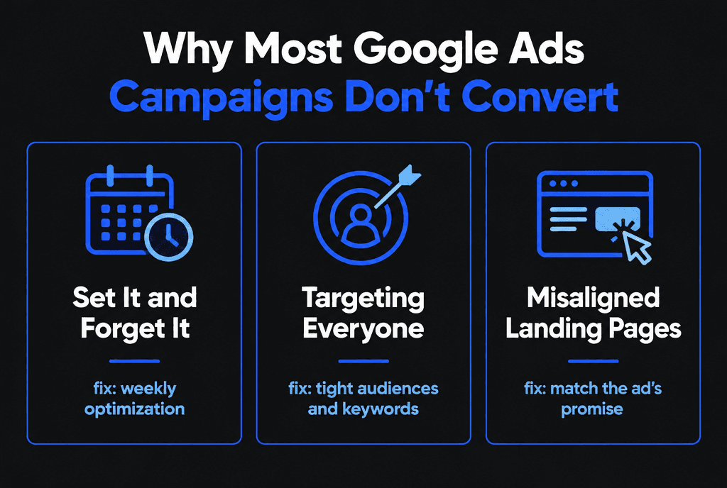 Infographic of why most Google Ads campaigns don't convert: set-and-forget management, targeting everyone and misaligned landing pages, with the fix for each
