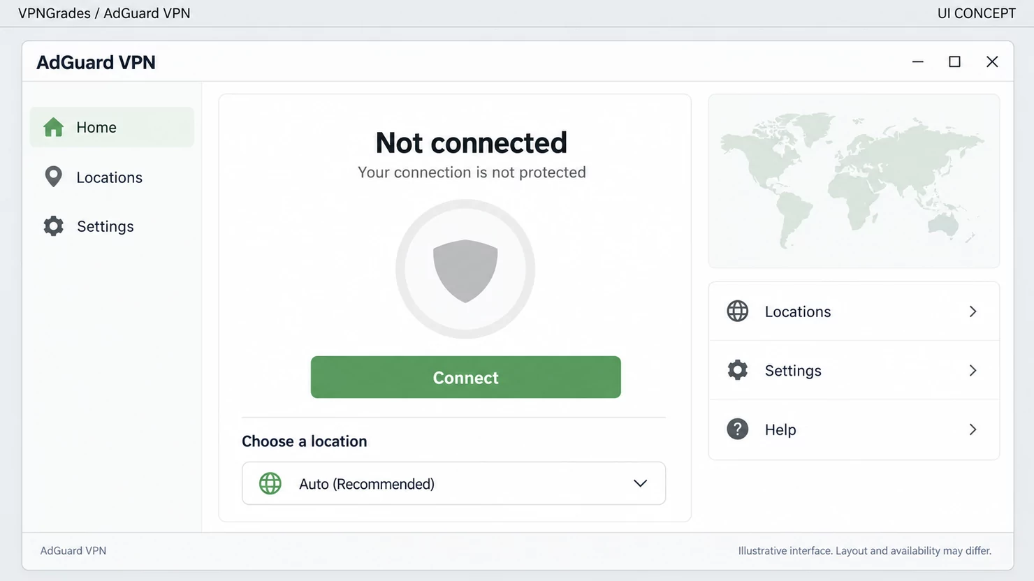 AdGuard VPN: a desktop connection interface (illustration).