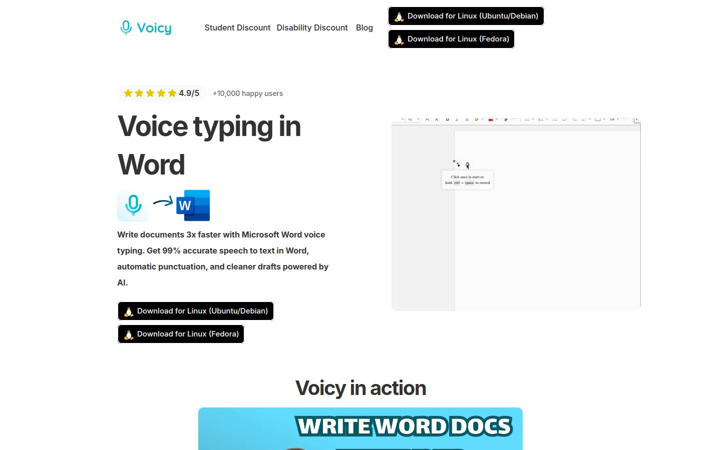 Voicy voice typing for Microsoft Word landing page screenshot