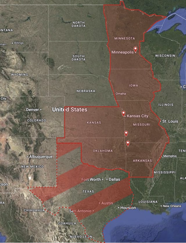 Map of the USA with Minnesota, Iowa, Kansas, Missouri, Oklahoma, Arkansas, and Texas outlined.