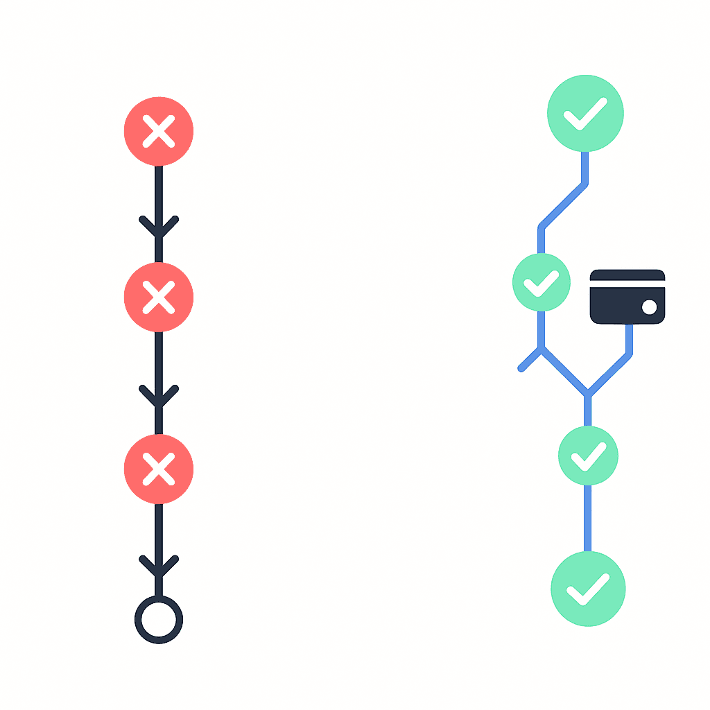 Side-by-side abstract timelines contrasting fixed retry logic with adaptive AI-optimized payment recovery