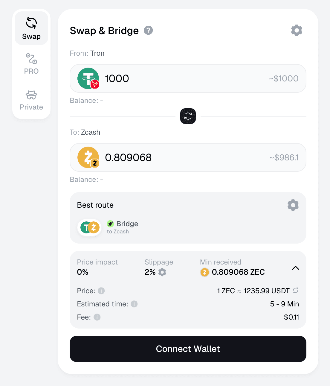 Symbiosis quote on 16 October 2026: 1,000 USDT on Tron to 0.809068 ZEC, estimated 5 to 9 minutes