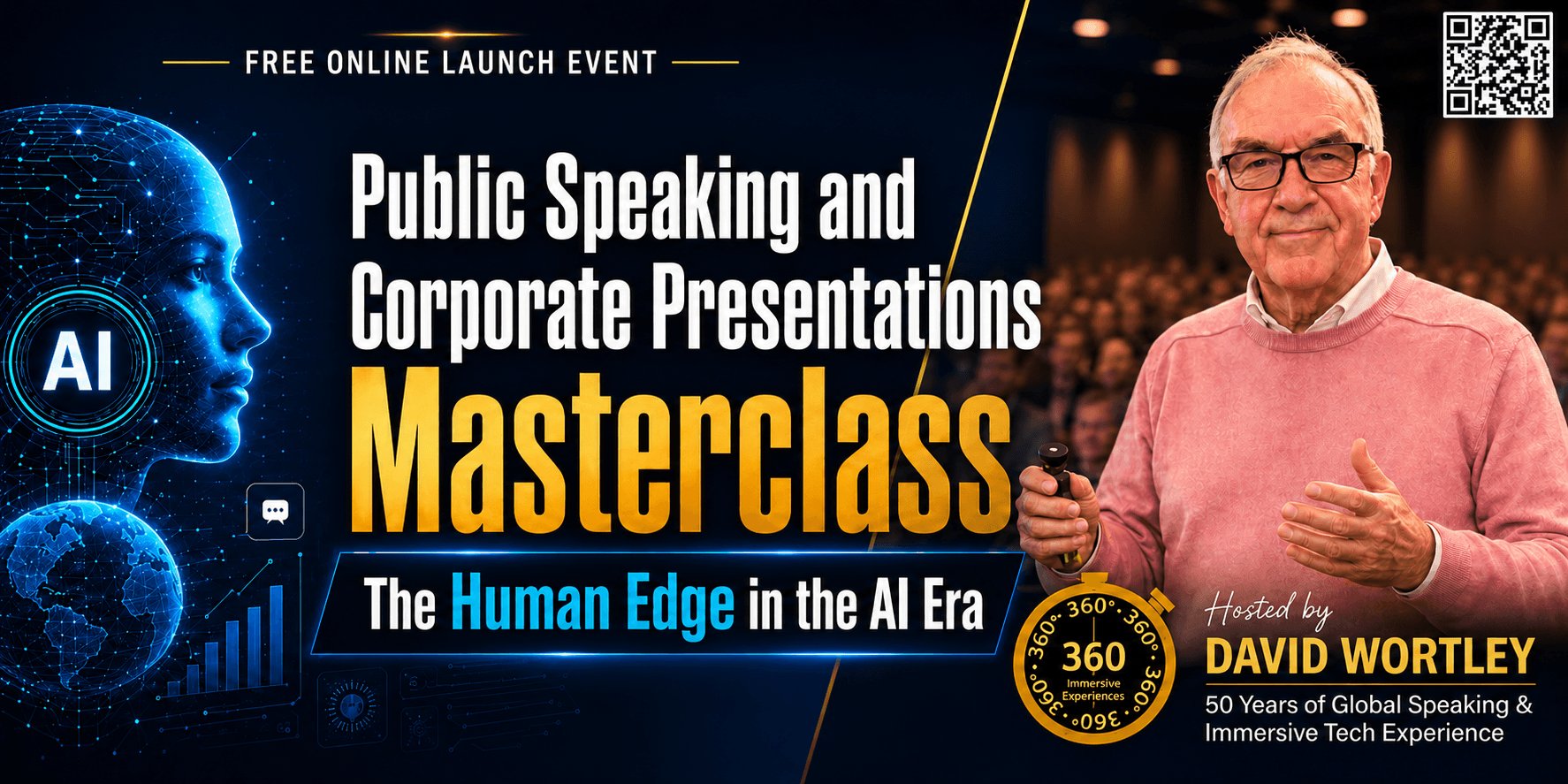 Promotional graphic for David Wortley’s AI-era masterclass on public speaking and human-centred innovation.