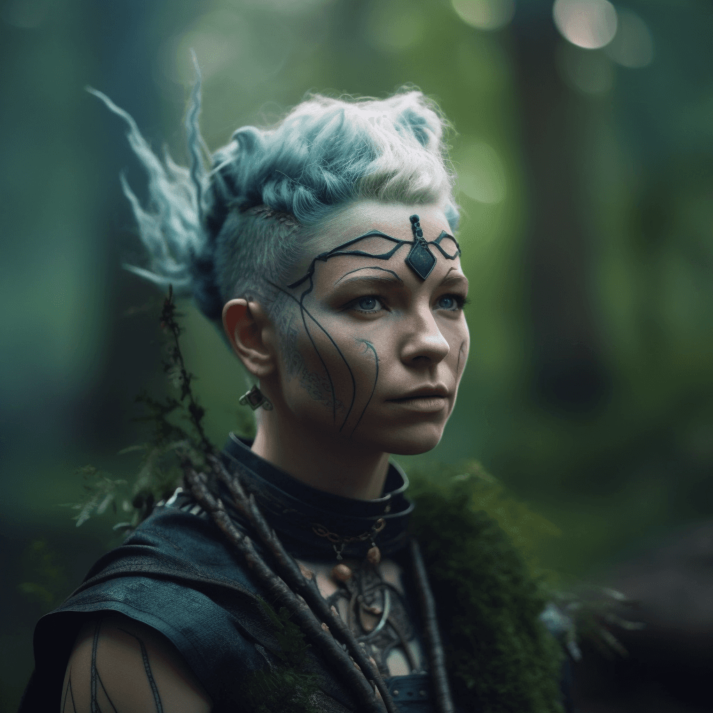 Headshot of a young huntress in the forest. She is adorned in natural materials