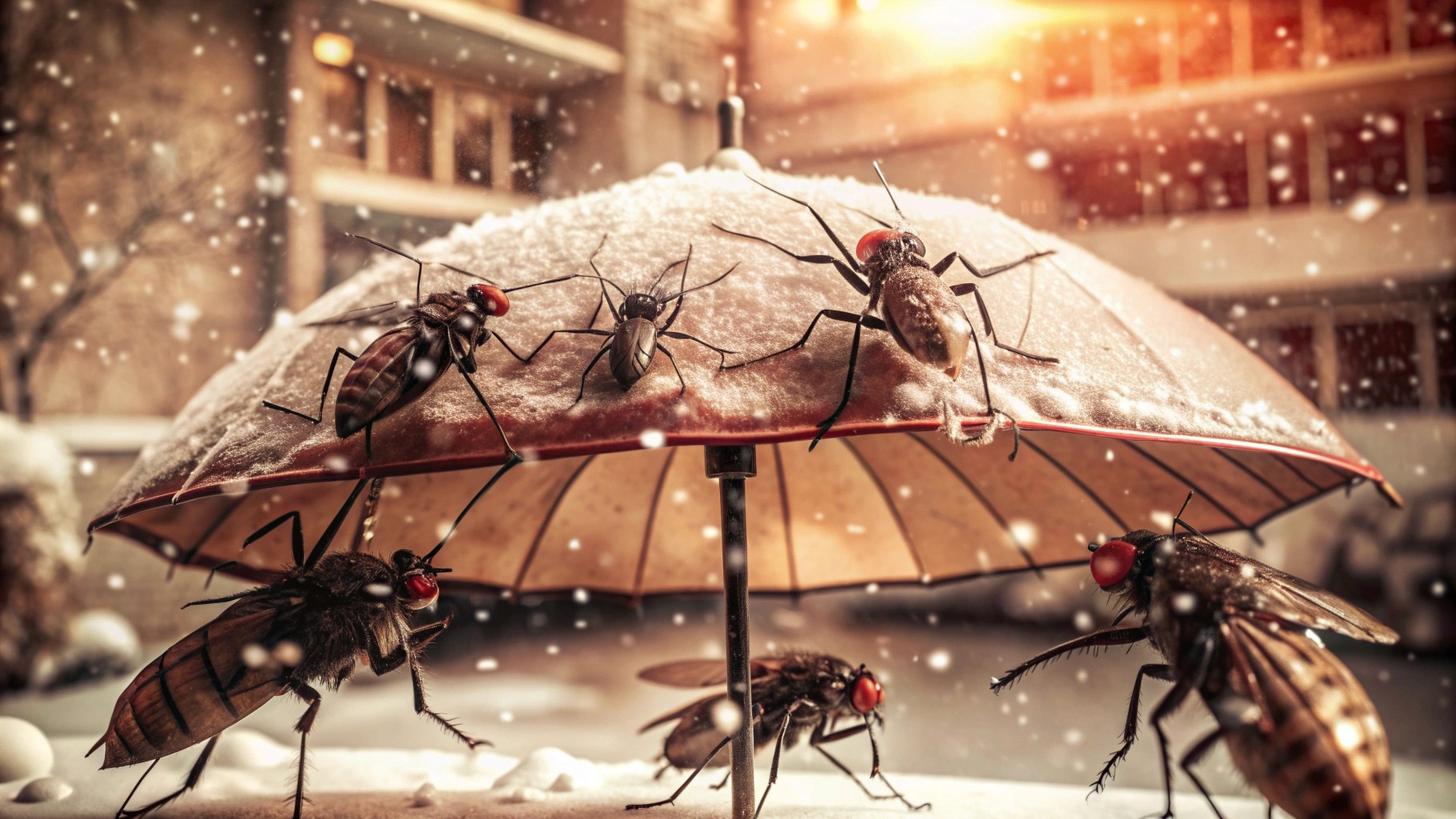 a big umbrella covers disease-carrying insects from snow outside