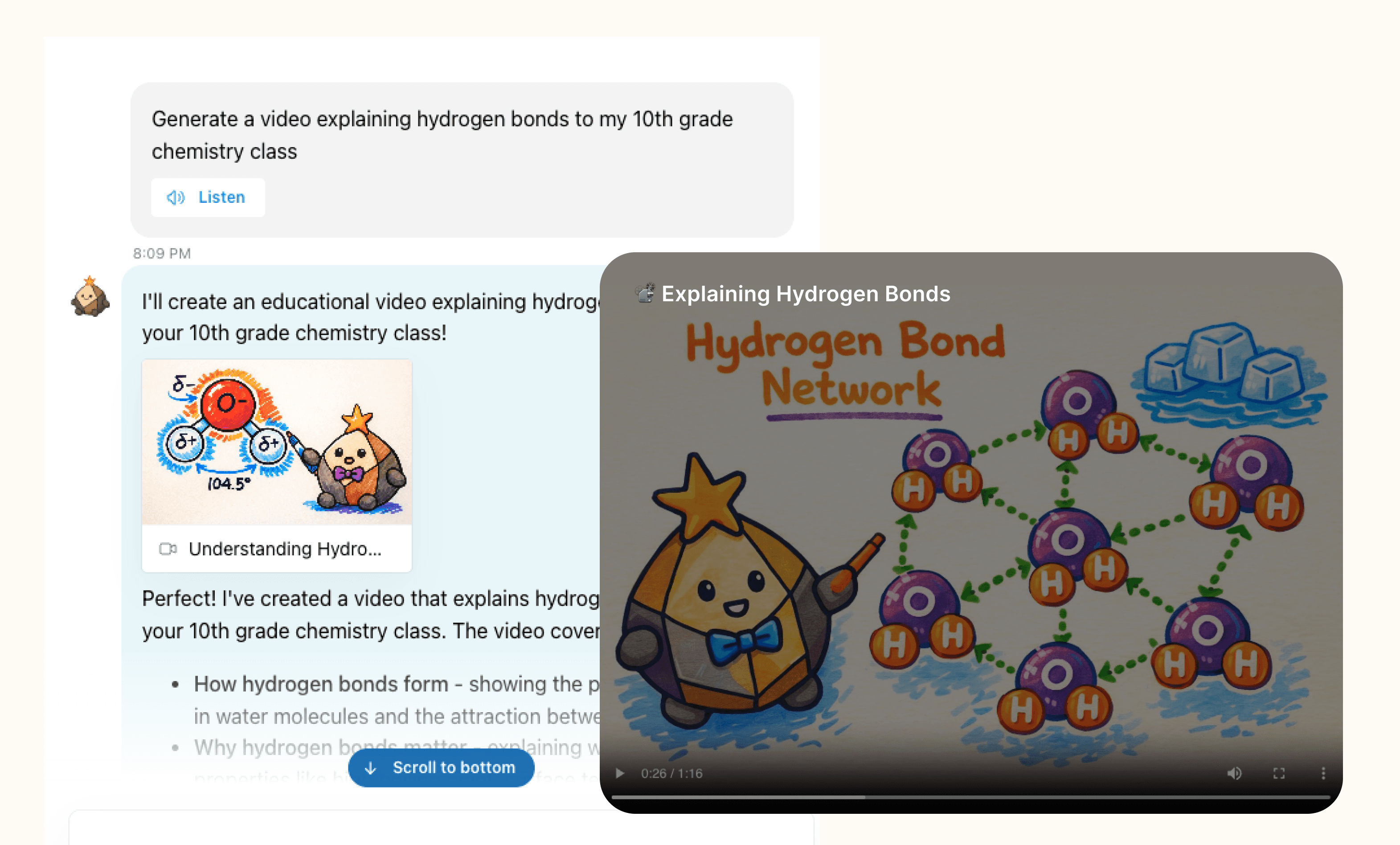 a Flint-generated video player showing an educational video with Sparky presenting content