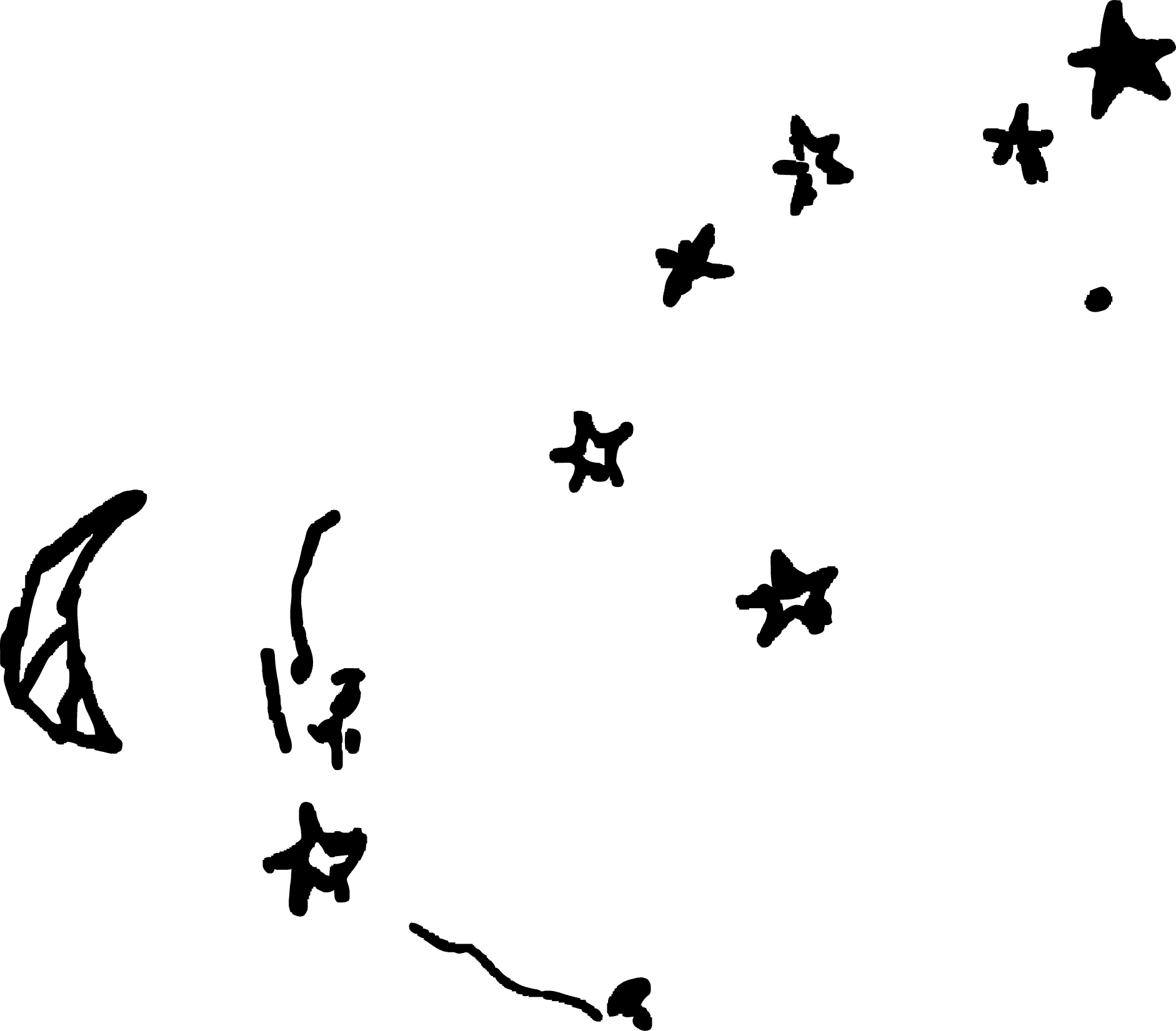 A scattered arrangement of drawn small stars with a crescent moon on a transparent background.
