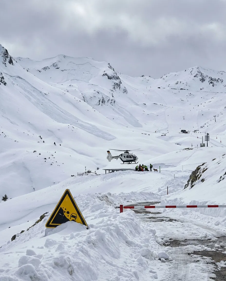 Snowy mountain landscape in the Pyrenees near Panticosa with visible avalanche and distant rescue activity.