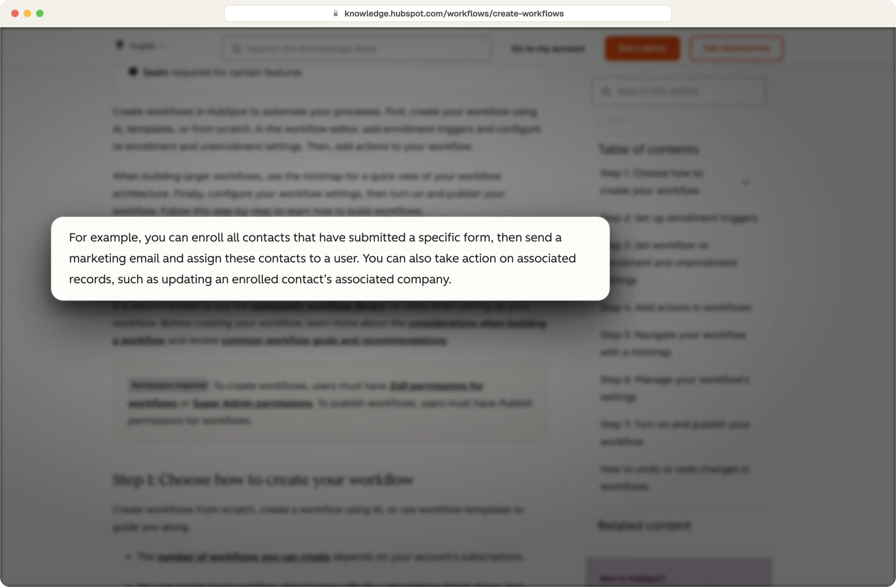 HubSpot knowledge base example of a workflow that enrolls form submitters and assigns them to a user