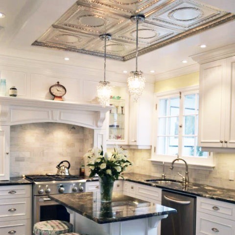 luxury kitchen with tin ceiling