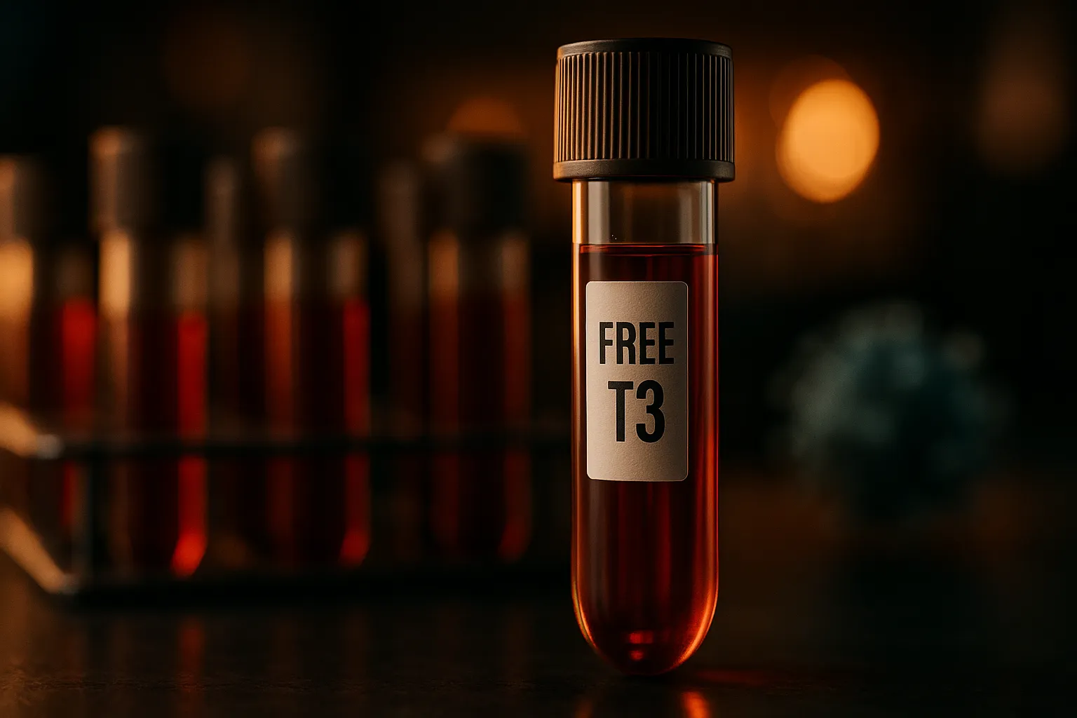 Free T3 blood test vial with blurred test tubes in the background.