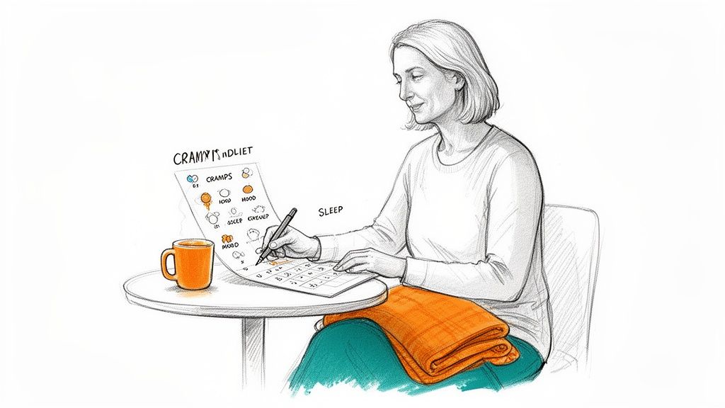 A woman tracks her cramps, mood, food, and sleep on a chart with a pen.