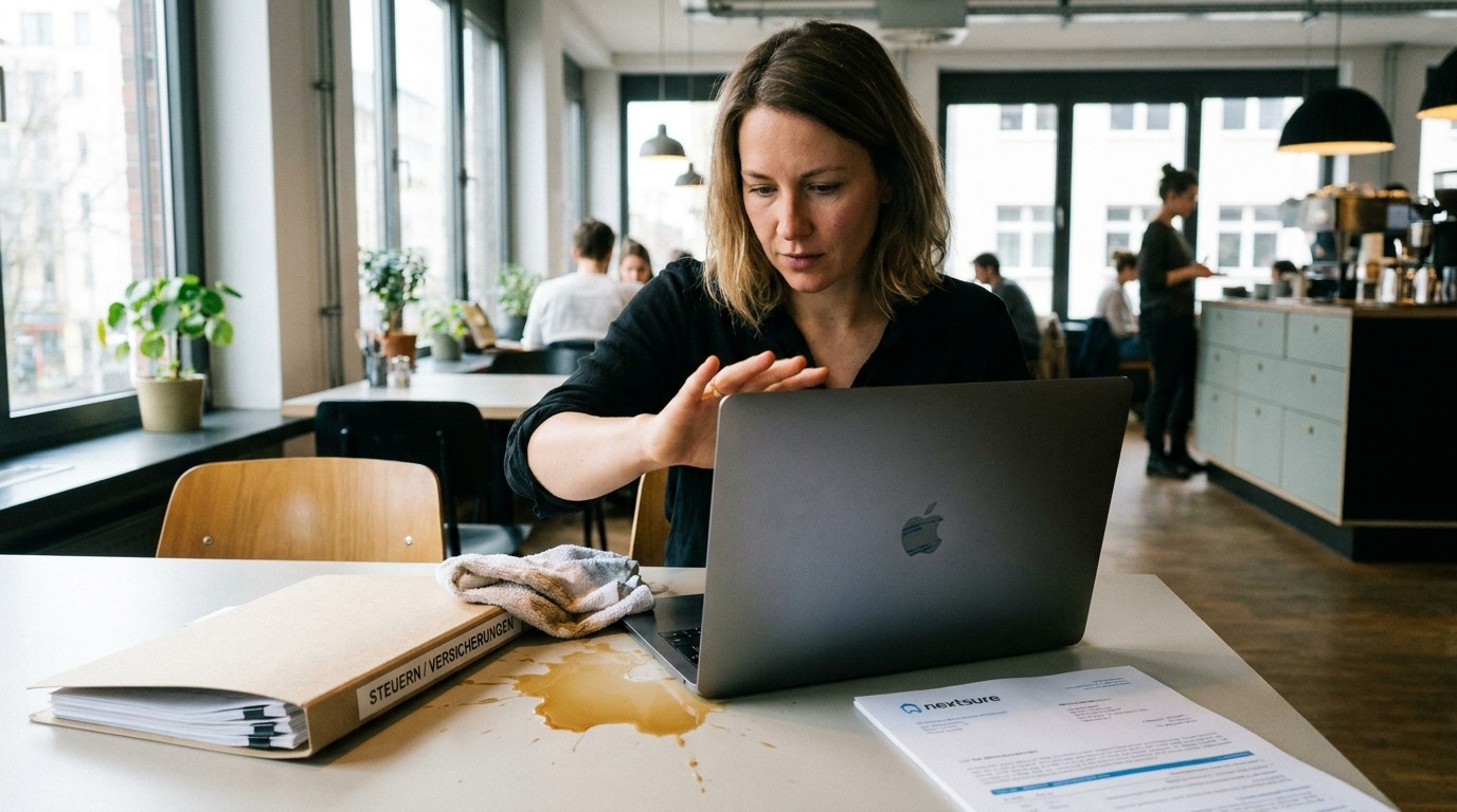 Freelancer arbeitet mit Laptop am Schreibtisch und prüft Versicherungsunterlagen