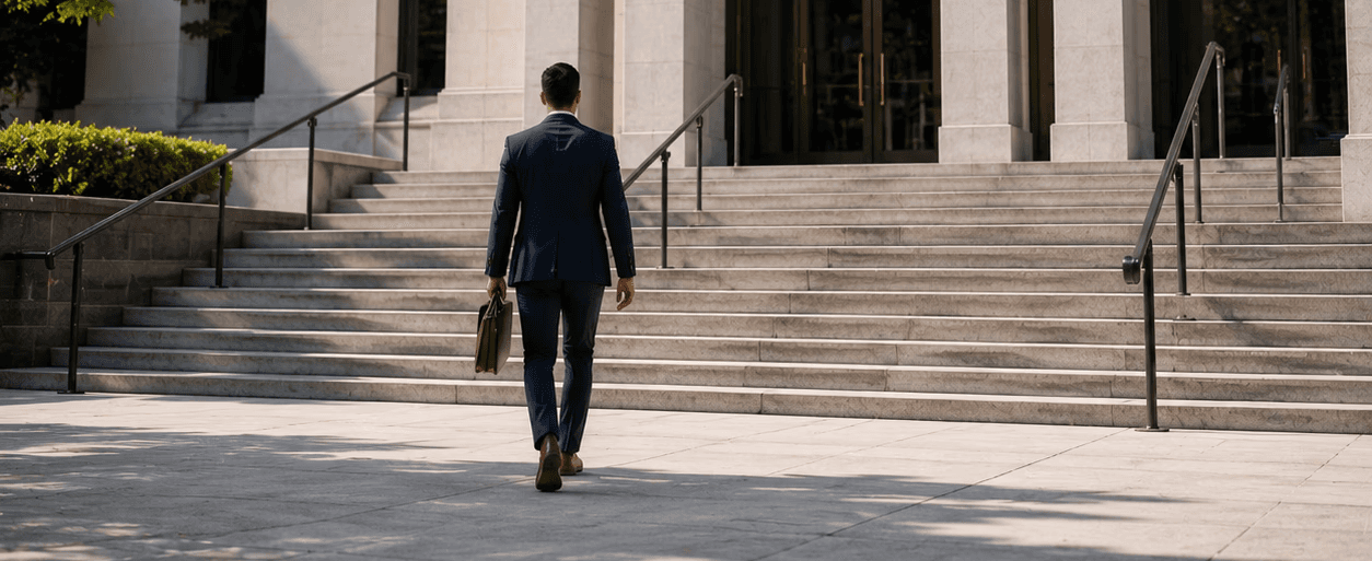Individual approaching an Ontario courthouse representing successful Small Claims Court claims, settlements, and civil dispute resolution.