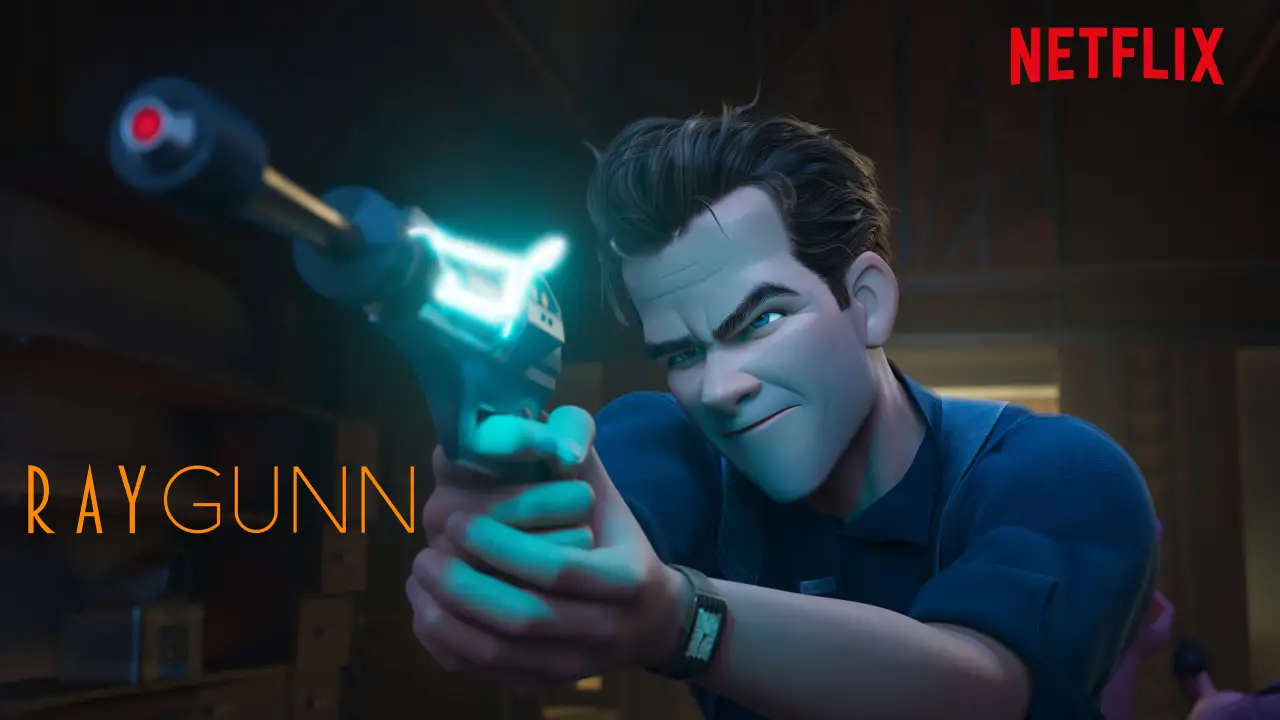 A determined animated character in a dark room is aiming a glowing futuristic weapon, with bold letters reading "RayGunn" and the Netflix logo visible in the corner.