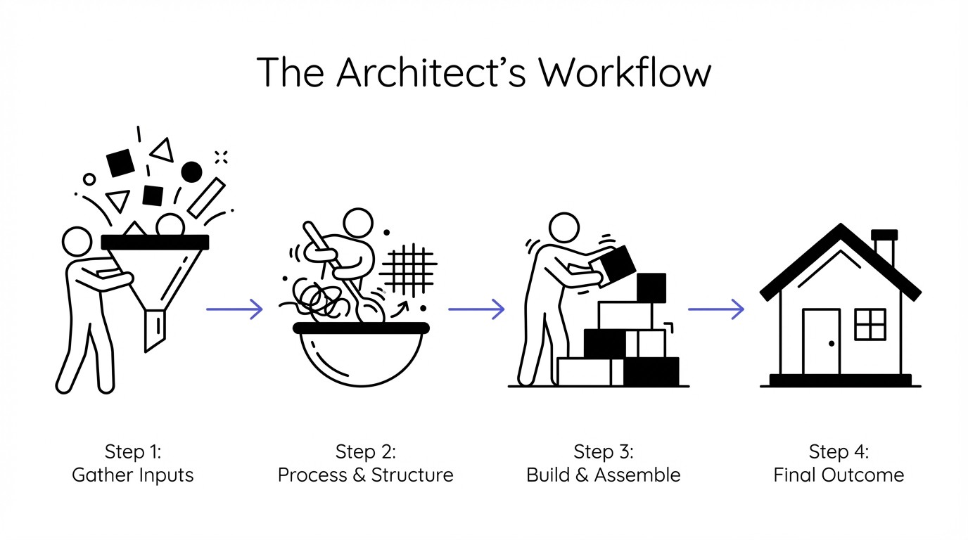 A four-step flow chart titled The Architect's Workflow, showing a stick figure moving from gathering raw data to synthesizing it, designing a structure, and finally completing the building.
