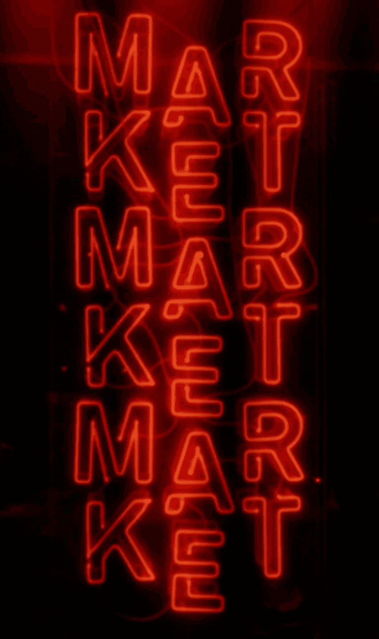 A "What We Do" section for an AI Business Automation service. The section features a dark background with blurred, glowing red neon letters spelling "MARKET" repeatedly. The main title is "AI Automation That Transforms Businesses." Below this, five key services are listed with descriptions: "Intelligent Process Automation," "AI-Powered Data Analytics," "Custom AI Assistants," "Cross-Platform Integration," and "Continuous Optimization."