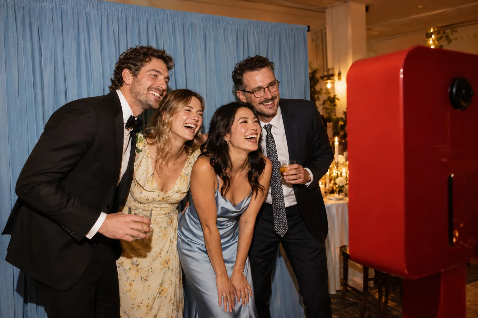 Friends laughing beside a red photo booth and a blue curtain
