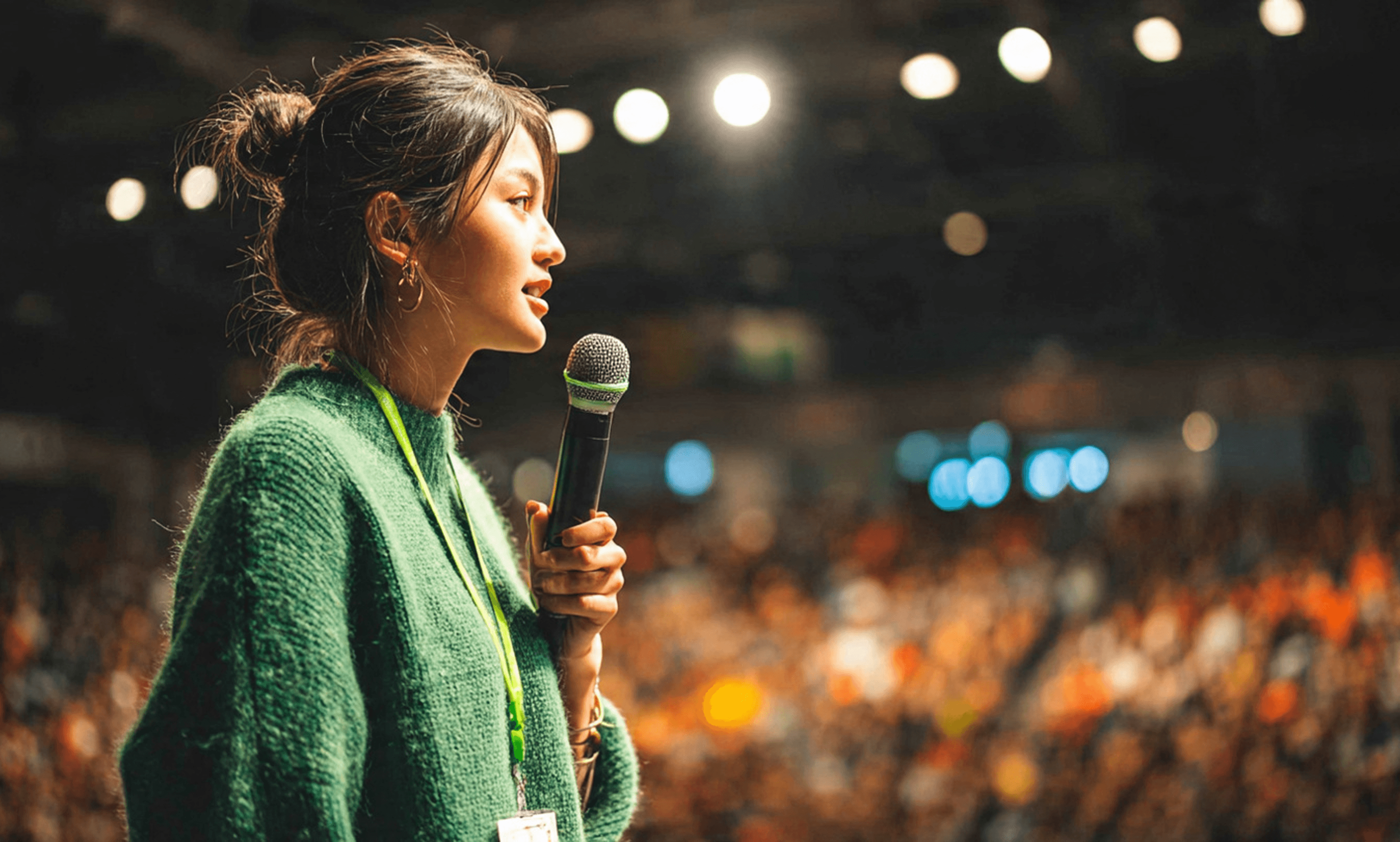 Young female speaker in a green sweater talking into a microphone at a conference or event.