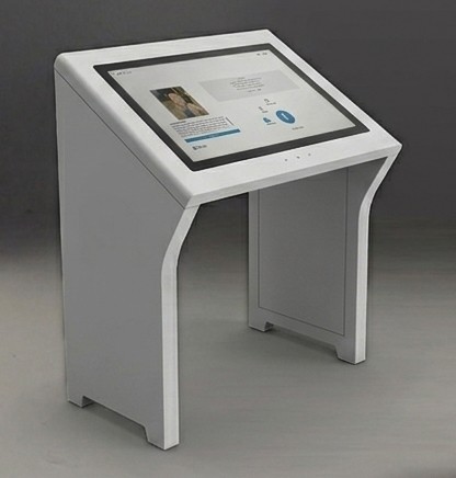 White angled touchscreen kiosk with integrated display