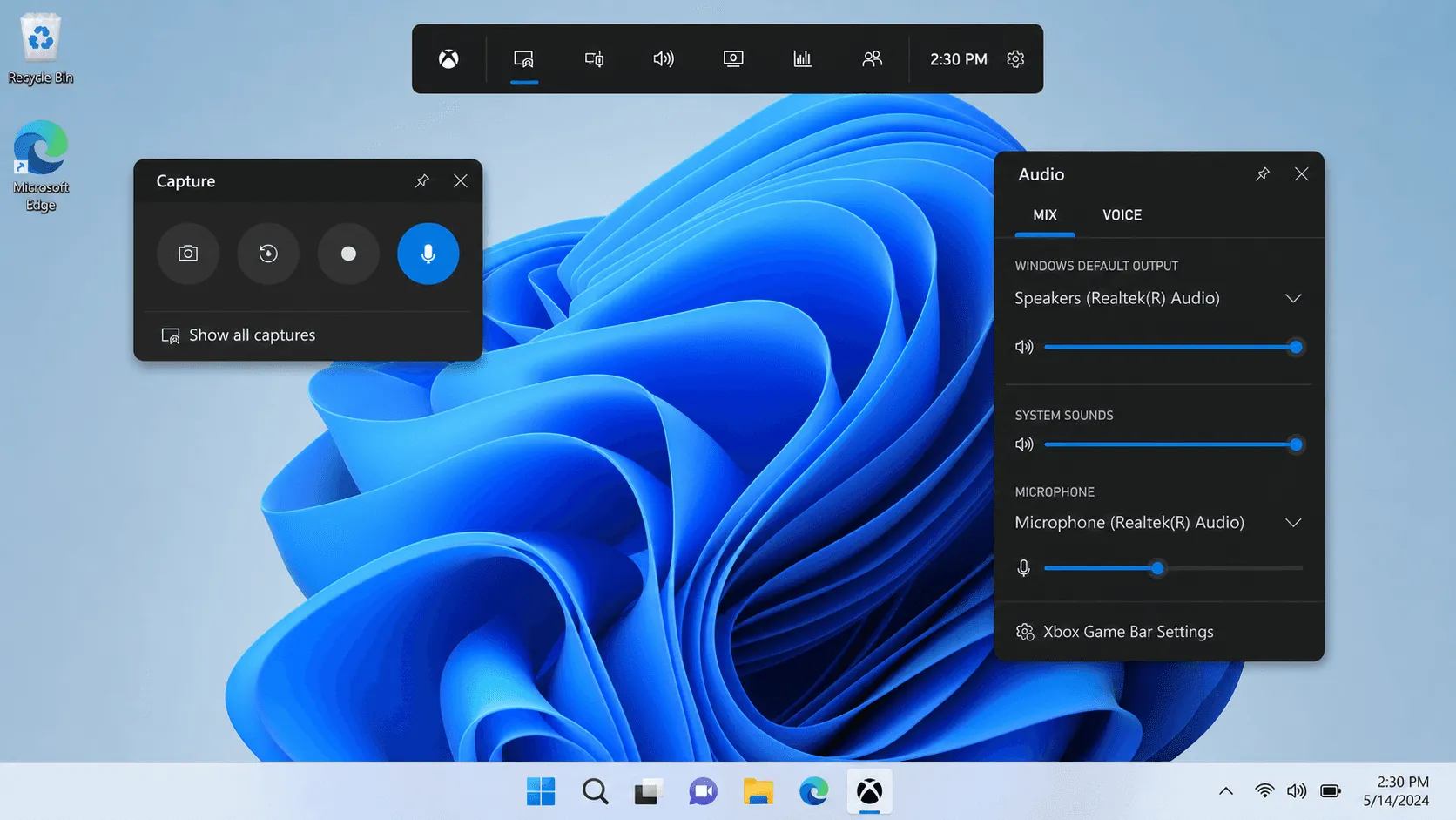 Windows 11 Xbox Game Bar with system audio and microphone controls