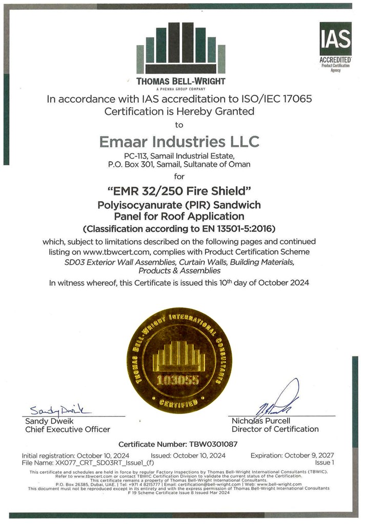 Emaar Industries EN 13501-5 Certificates
