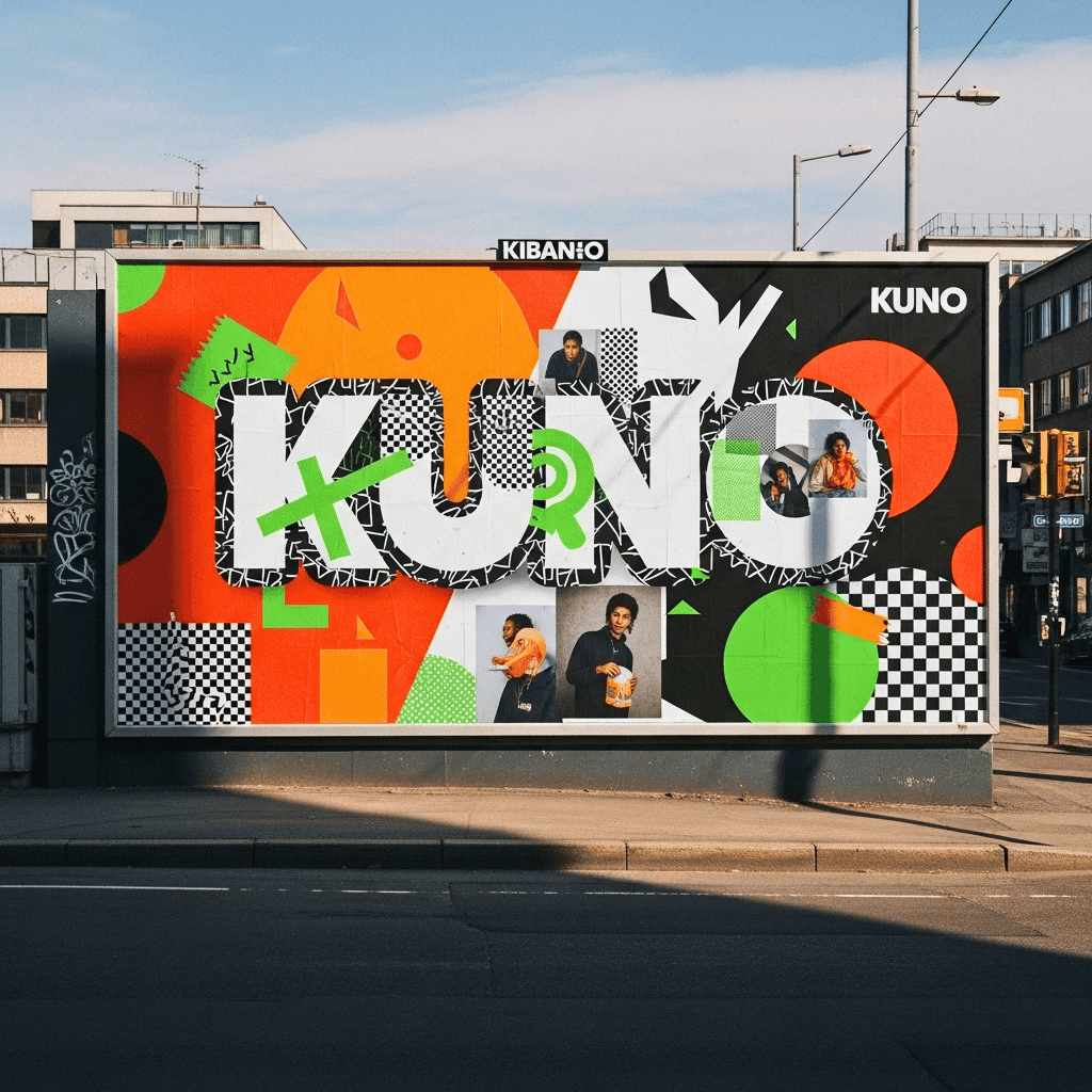 Diseño de valla publicitaria urbana estilo collage para la marca Kuno, exhibido en un mockup de vía pública con colores vibrantes naranja, verde y texturas gráficas.