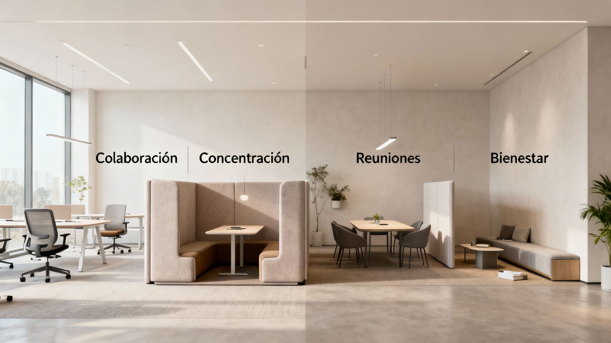 Oficina moderna con áreas para colaboración, concentración, reuniones y bienestar, destacando flexibilidad y diseño innovador.