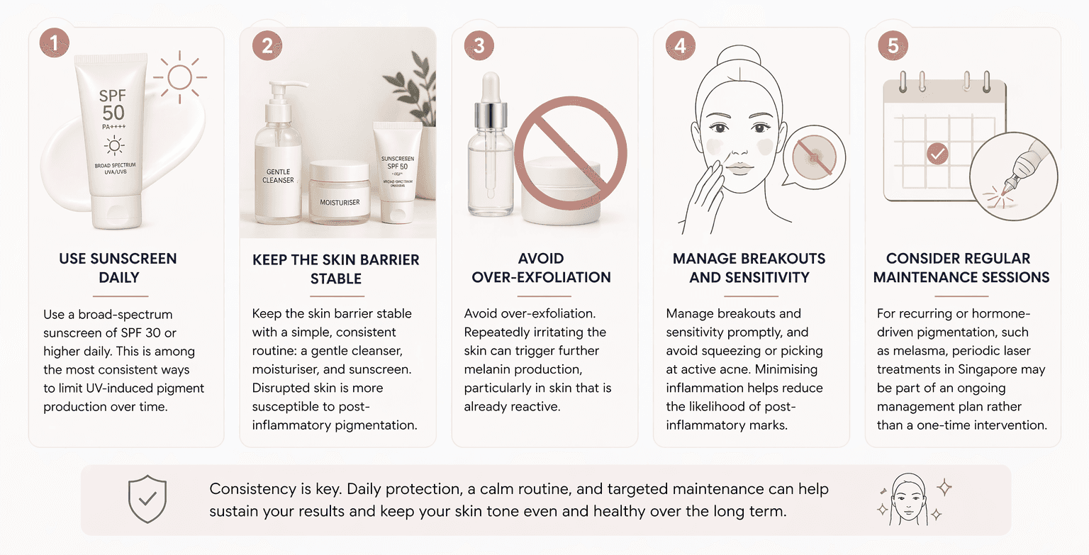 Tips for maintaining even skin tone after hyperpigmentation treatment.