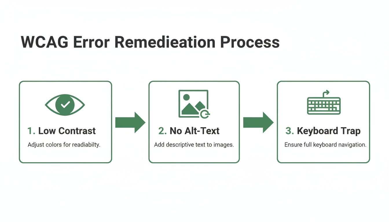 Flowchart illustrating the WCAG error remediation process, addressing low contrast, missing alt-text, and keyboard traps.