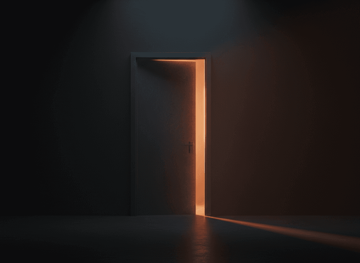 A door slightly ajar with light spilling out, creating shadows. Focus on light and shadow.