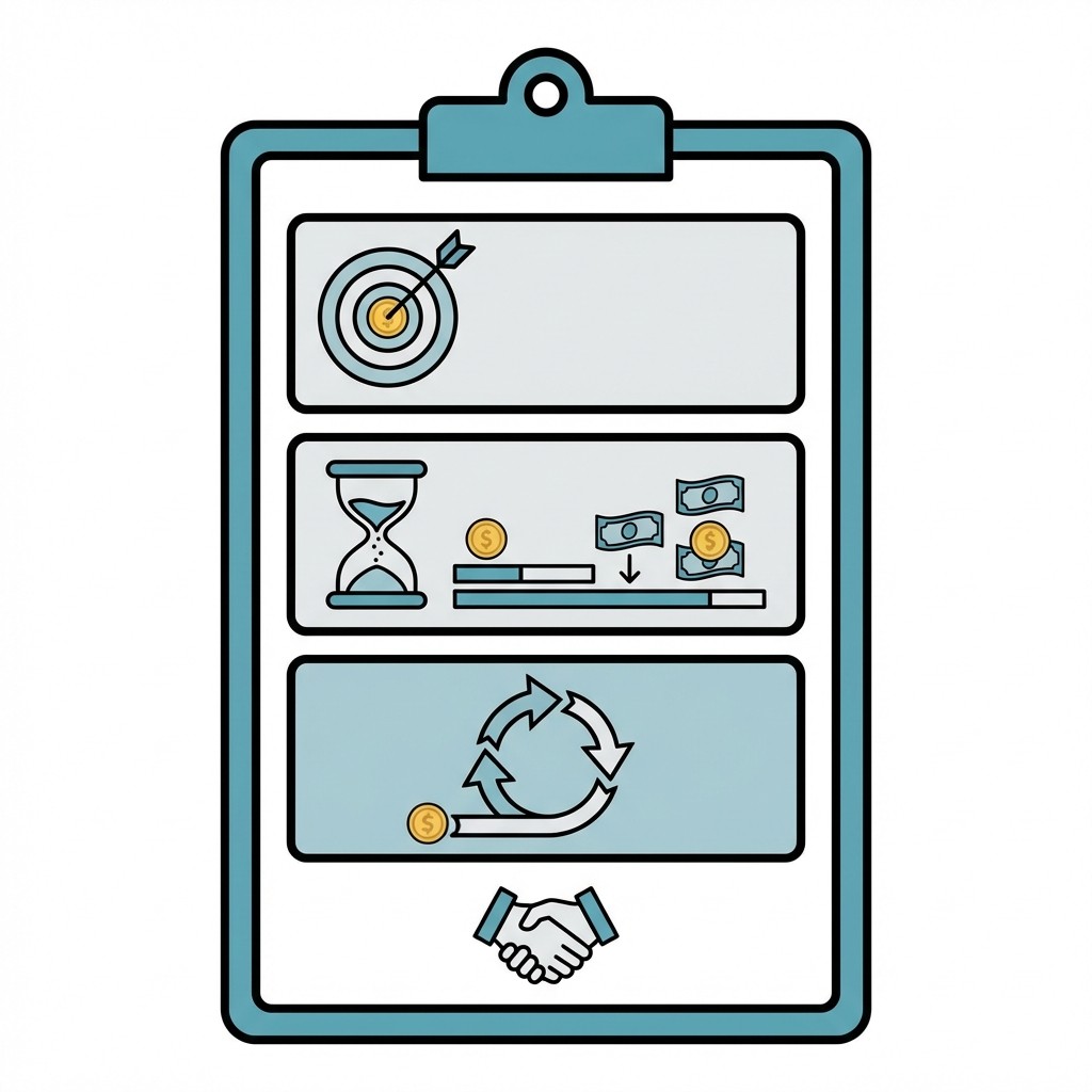 Klemmbrett-Grafik mit Symbolen für Ziele, Zeit- und Budgetplanung sowie einem Prozesskreislauf, abgerundet durch einen Handschlag.