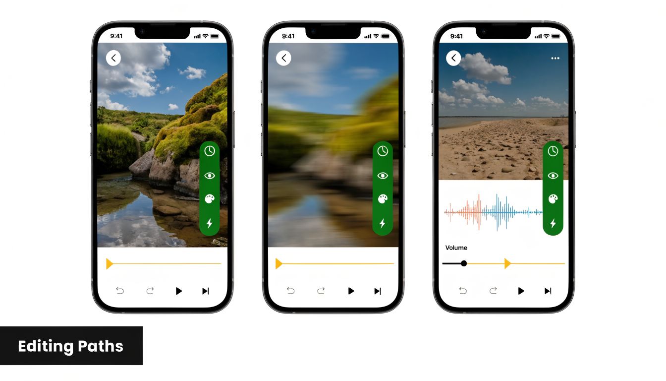 Three smartphone screens displaying a mobile video editing application interface with various filter and audio controls.
