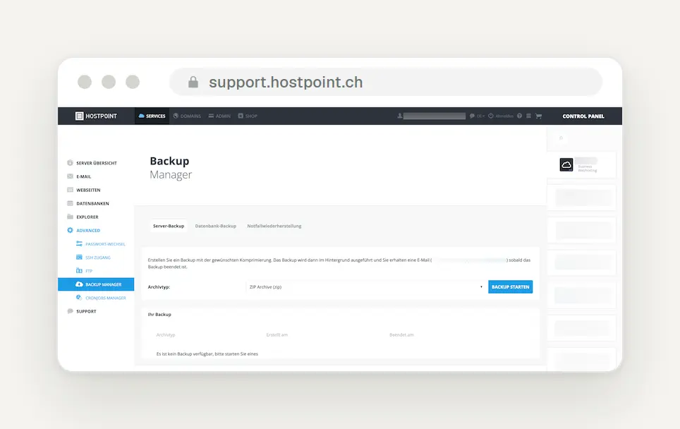 Hostpoint Backup Manager: "Server Backup" tab with archive type selection and "Start Backup" button