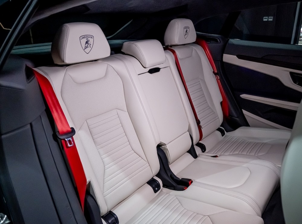 Lamborghini Urus SE 2025 luxury rear seats with premium leather interior, spacious backseat design, and high-end comfort for luxury SUV rental in Dubai