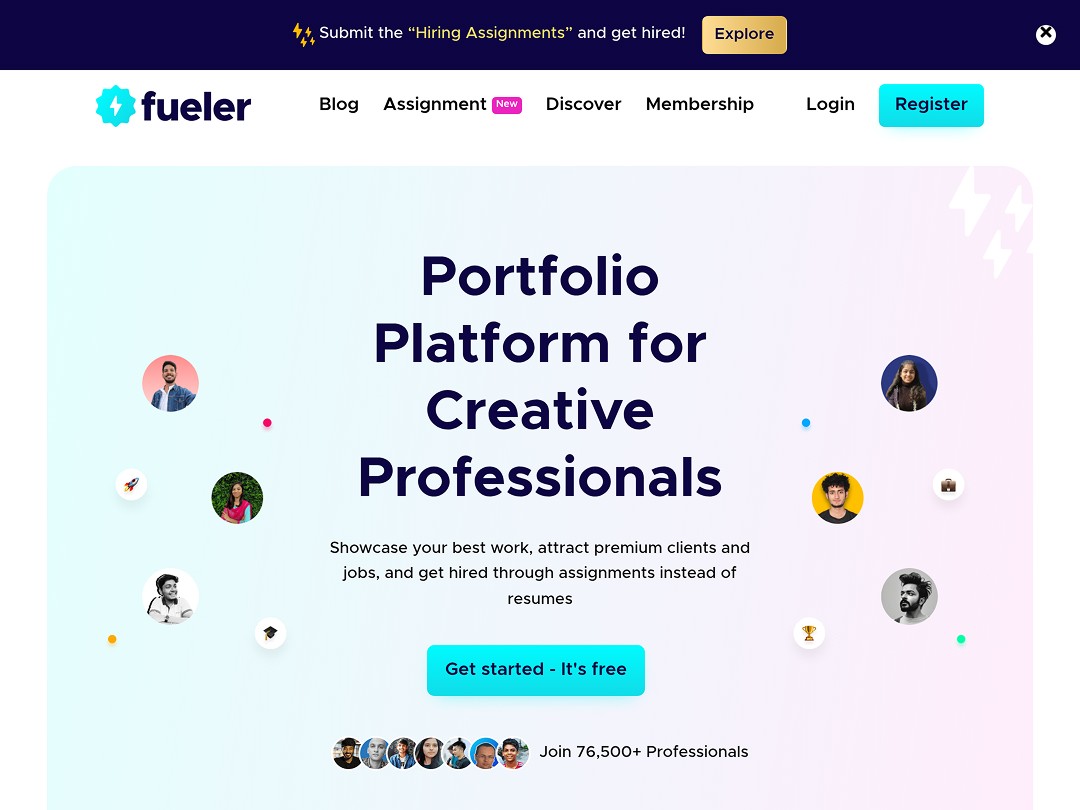 The image features the homepage of Fueler, highlighting it as a "Portfolio Platform for Creative Professionals," emphasizing opportunities to showcase work and connect with premium clients through a no-code solution.