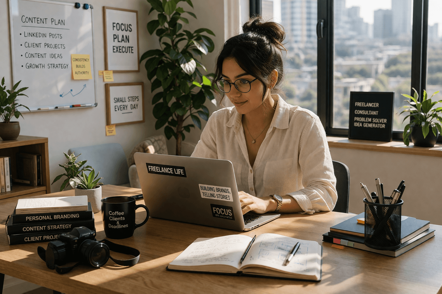 Freelancer scheduling LinkedIn posts to grow professional presence