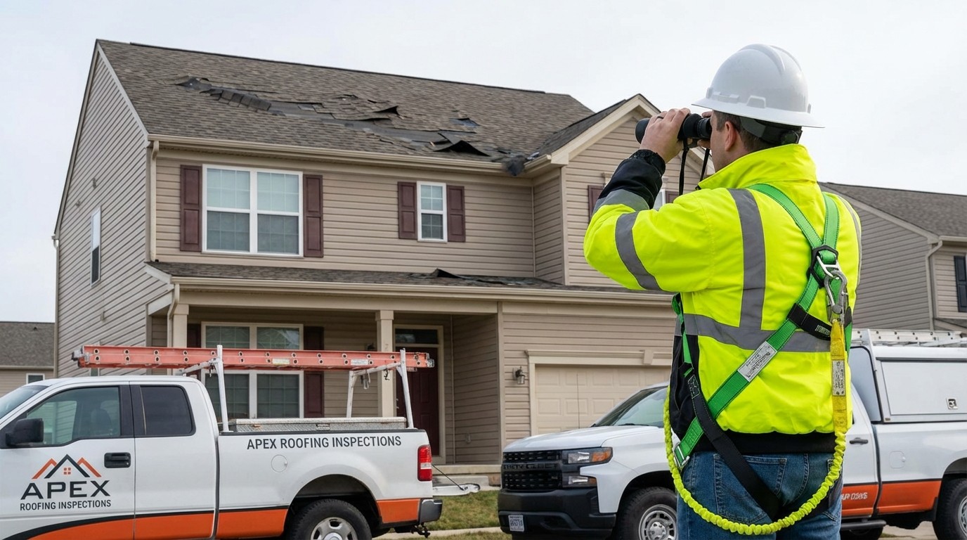 Professional roof inspector using binoculars for safe ground-level damage assessment