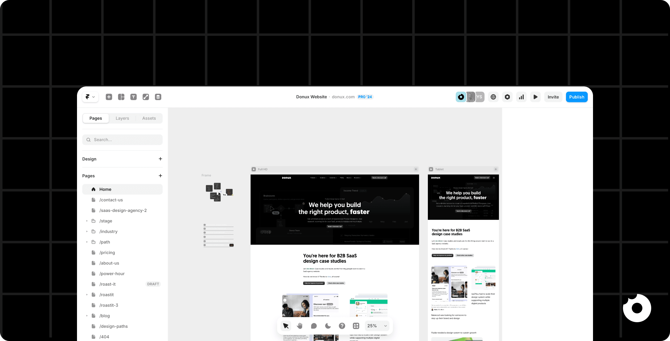 Framer editor interface showing a B2B SaaS website layout in desktop and mobile views