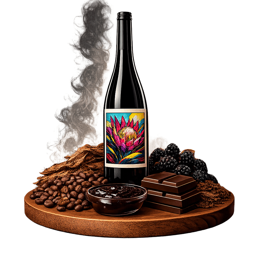 Artistic label and flavor profile for South African Pinotage on a rustic wooden table.