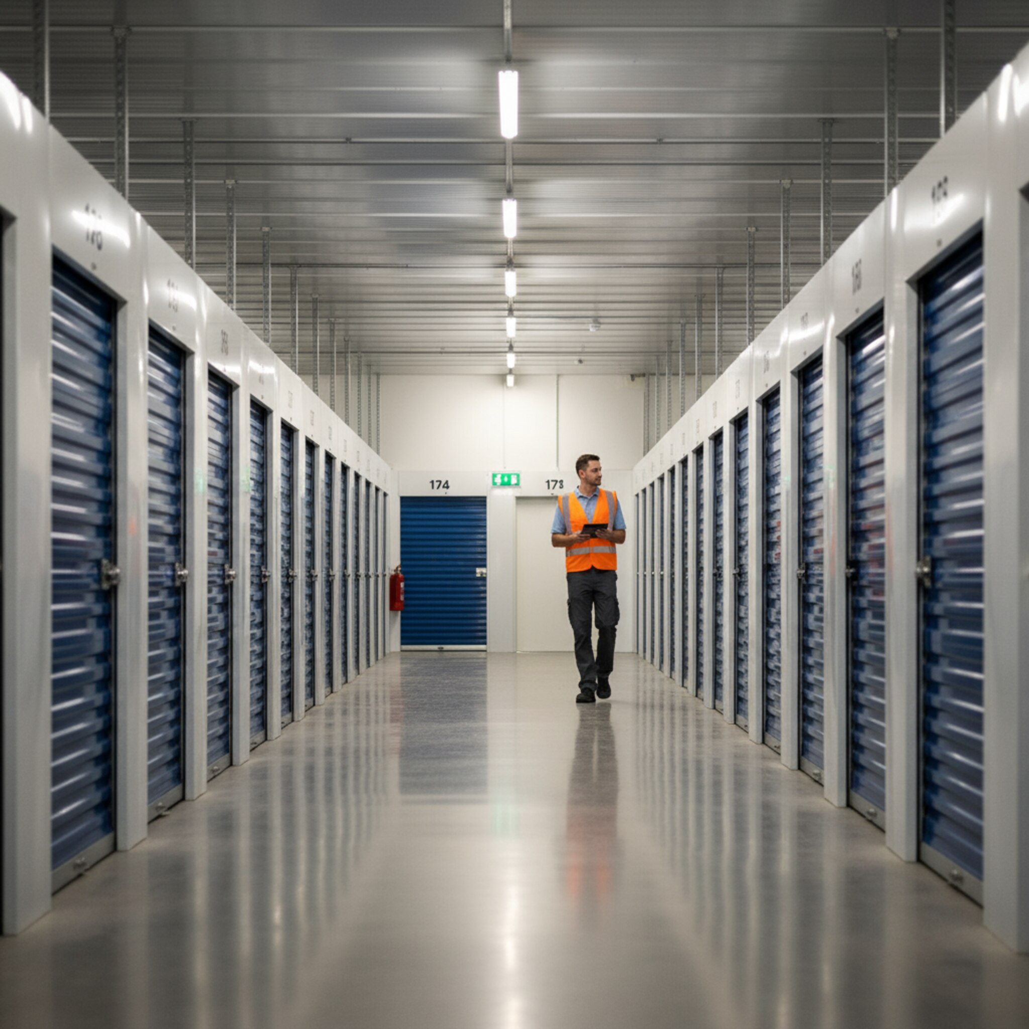 Ein Mitarbeiter geht einen Kontrollgang durch eine hohe Halle mit sauber ausgerichteten Lagerabteilen. Er blickt in die Reihe, wo ein Notausgang diskret markiert ist. Kaltes Deckenlicht mischt sich mit warmen Strahlen vom Eingang. Die Szene vermittelt Wachsamkeit, Ruhe und verlässliche Routine.