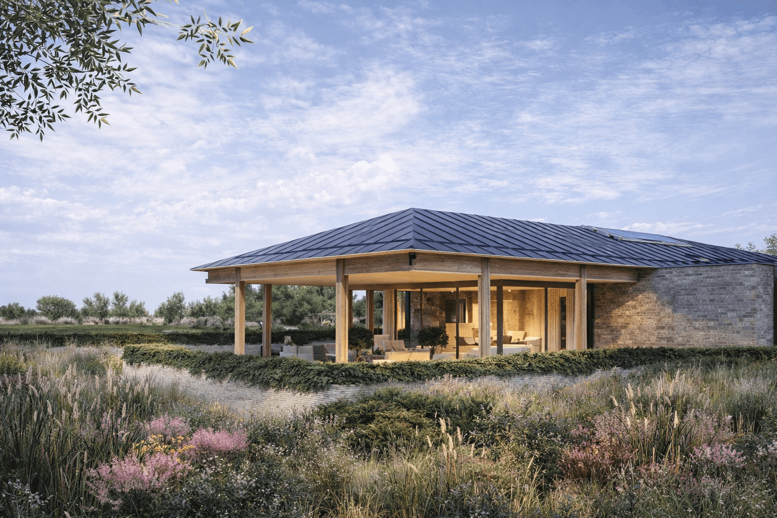 Moderne schuurwoning met donkere kap en bakstenen gevel in groen landschap.