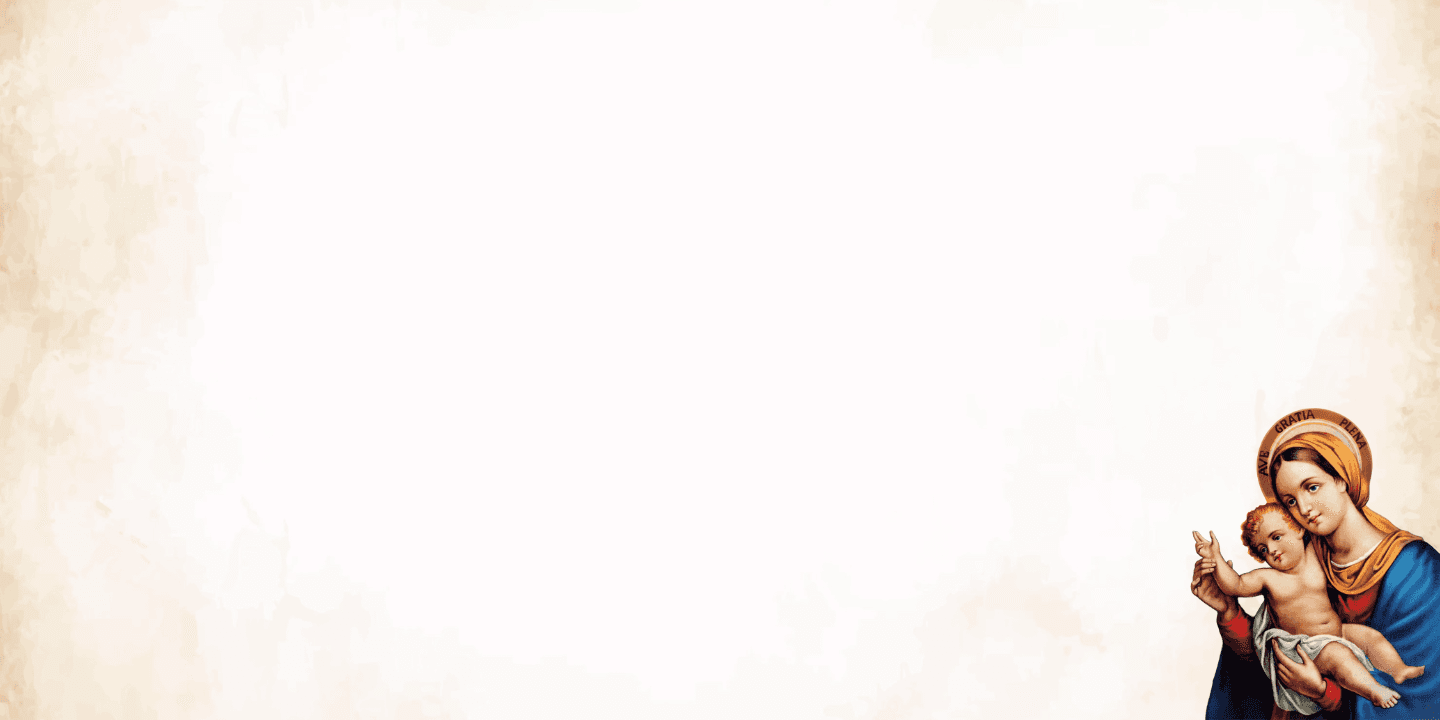 Classical religious painting of the Virgin Mary holding infant Jesus, featuring a golden halo inscribed with “Ave Gratia Plena.” Mary wears a blue mantle and golden headscarf, symbolizing purity and divine grace. The child Jesus, wrapped in white cloth, raises a hand in blessing. This Christian artwork reflects maternal love, sacred iconography, and Marian devotion. Often associated with the Sisters of Our Lady of the Garden, whose emblem symbolizes charity, service, and spiritual growth.