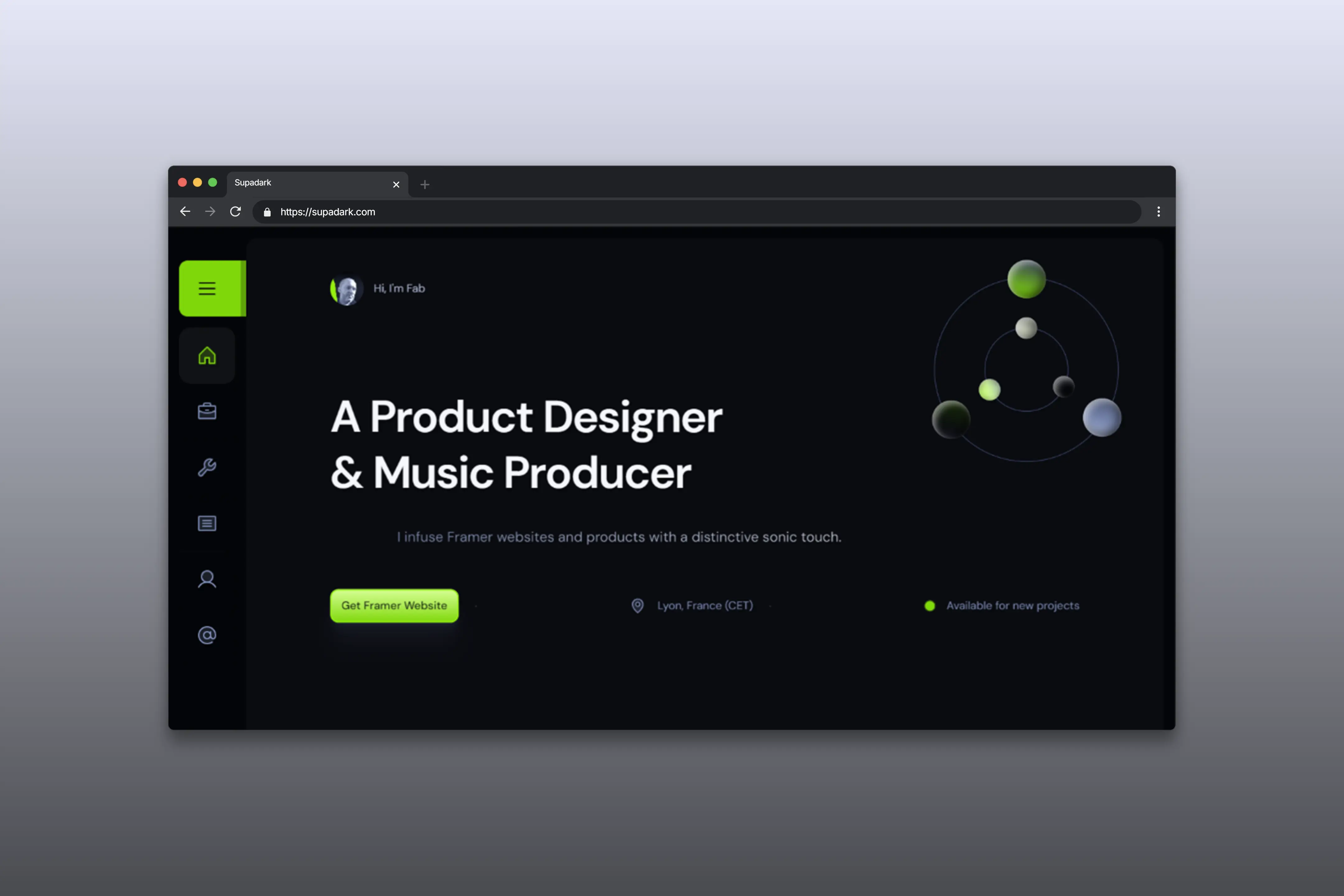 The image shows a dark-themed website interface for a product designer and music producer, featuring a minimalistic design with green and white accents and circular graphics connected by lines.