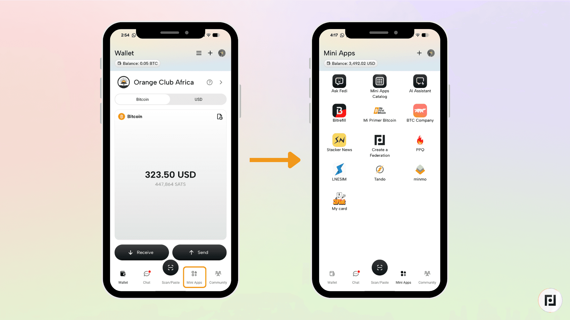 Fedi Mini Apps screen showing the plus button and "Add from Catalog" option to add new mini apps