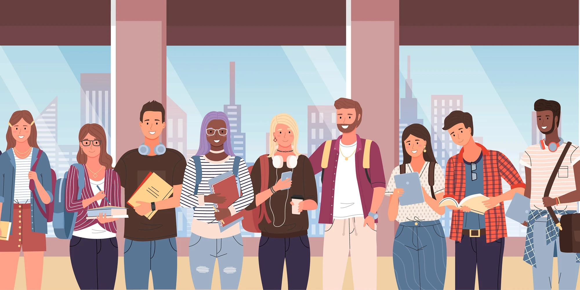 Diverse group of seasonal workers with different backgrounds and casual attire standing together in urban setting, representing Canada's summer hiring workforce.