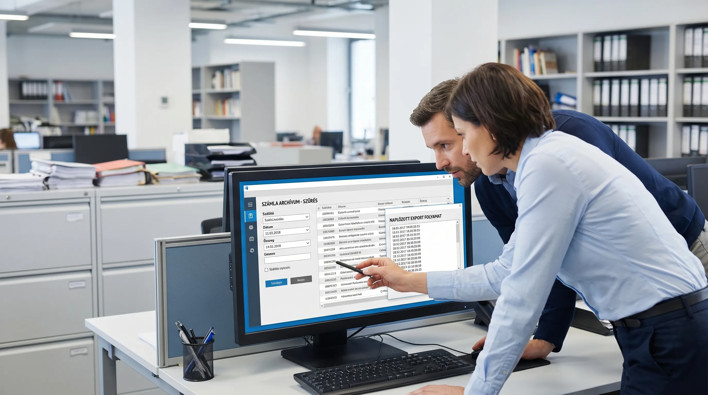 Illustration of an audit scenario: quickly searching the archive for invoices requested by an auditor using metadata filters (vendor, date, amount), and the associated logged export process.