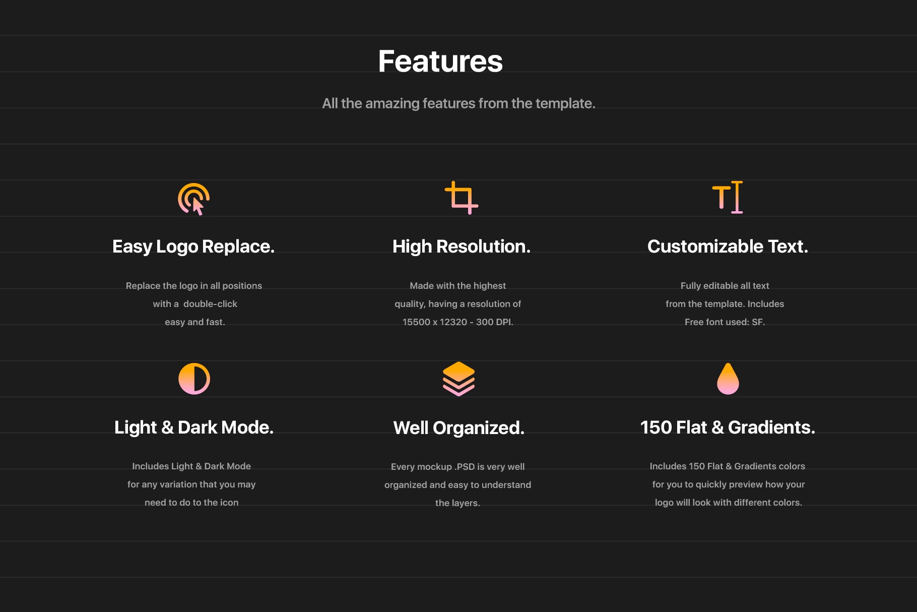 Feature list of the iOS 14 icon template, highlighting customizable text, high resolution, and easy logo replacement.