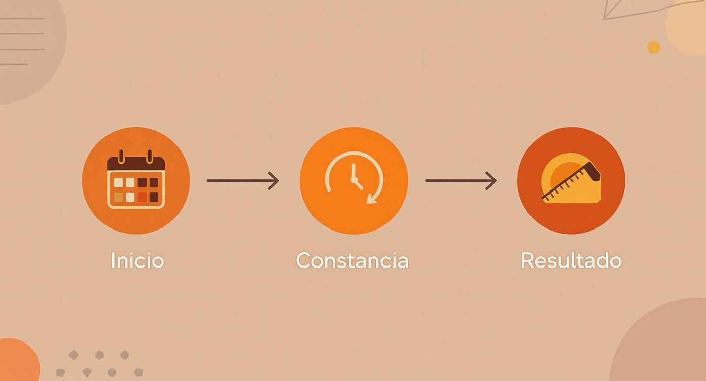 Diagrama de flujo con tres etapas: inicio, constancia y resultado, simbolizadas por calendario, reloj y cinta métrica.